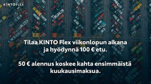 KINTO FLEX – NYT VIIKONLOPUN AJAN 100 € EDULLA!
Tutustu tästä https://www.toyotaitakeskus.fi/yritys/tarjoukset-ja-kampanjat/kint...