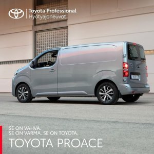 Toyota Proace – työkaveri, joka ei jätä pulaan. Erään Proace malleja varustepaketti 0 €, asiakasetusi 2 730 €. Saat autot yrityk...