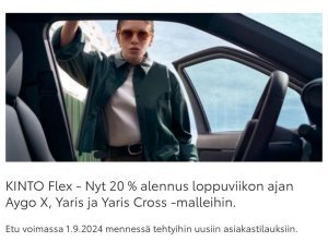 Auto kuukauden sitoutumisella – NYT 20 % ALENNUS LOPPUVIIKON AJAN AYGO X, YARIS JA YARIS CROSS -MALLEIHIN!