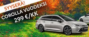 MEILTÄ NYT COROLLA VUODEKSI 299 €/KK!
Erä vähän ajettuja huippuyksilöitä. Autoissa kesä- ja talvirenkaat
ja automaattivaihteet. ...