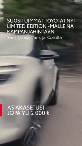 TOYOTAN SUOSITUIMMAT MALLIT NYT KAMPANJAHINTAAN!
Hyödynnä jopa yli 2 000 € asiakasetu sekä Toyota Easy Osamaksu -korkotarjous 3,...