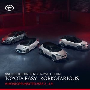 Toyotan viikonloppunäyttelyssä 2.–3.9. valikoituihin malleihin Toyota Easy -korkotarjous tai kaupan päälle All Inclusive -pakett...