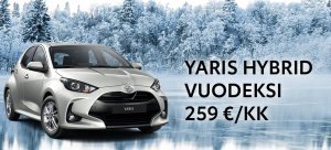 TOYOTA YARIS HYBRID VUODEKSI 259 €/KK!
Meiltä nyt erä vähän ajettuja Toyota Yaris 1,5 Hybrid Active -huippuyksilöitä vuodeksi hi...