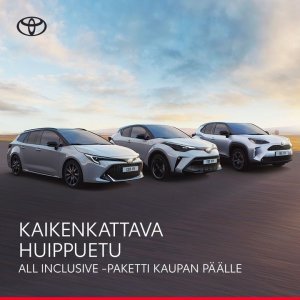 Hyödynnä jopa 3 500 €:n asiakasetu! 

Saat nyt Toyotan valikoituihin menestysmalleihin kaupan päälle All Inclusive -paketin, jok...