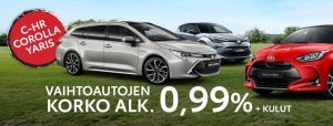 Nyt erään Corolla, Yaris ja C-HR -vaihtoautoja RAHOITUSTARJOUS KORKO 0,99%