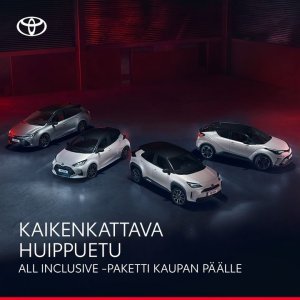 Hyödynnä jopa 3 500 €:n asiakasetu! Saat nyt Toyotan valikoituihin menestysmalleihin kaupan päälle All Inclusive -paketin, joka ...